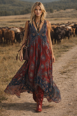 Retro Ethnic Bohemian Print Chiffon Sleeveless Maxi Dress