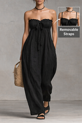 Strapless Linen Wide-Leg Jumpsuit with Removable Straps & Smocked Bodice