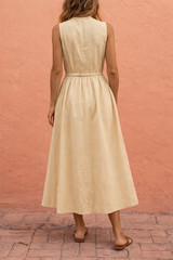 Women's Linen Button Front Midi Dress – Sleeveless Belted Summer A-Line Dress