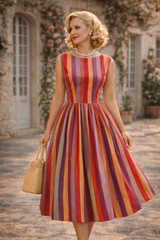 Retro Stripe Sleeveless Midi Dress