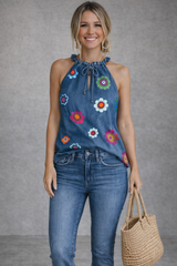 Vintage Floral Denim Halter Tank Top β Loose Fit Summer Boho Style