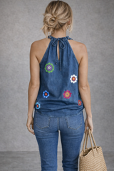 Vintage Floral Denim Halter Tank Top β Loose Fit Summer Boho Style