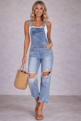Distressed Denim Overall Jumpsuit – Lightweight Summer Bib Overalls for Women
