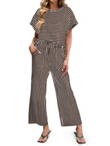 Striped Short Sleeve T-Shirts Wide Leg Pants Two Piece Set (Buy 2 Free Shipping)