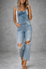 Distressed Denim Overall Jumpsuit – Lightweight Summer Bib Overalls for Women