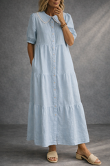 Women's Lace Peter Pan Collar Solid Color Casual Cotton Linen Long Dress