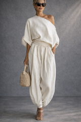 Women's Off-white Linen Off-shoulder Loose Casual Top And Tapered Pants Set