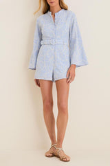 Floral Embroidered Button-Front Belted Romper