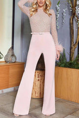 Feather-Paneled Long Sleeves Bell Bottoms Sequin Jumpsuit
