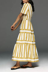 Yellow & White Striped V-Neck Dress with Puffed Sleeves