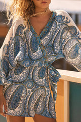 White V-Neck Peasant Top with Paisley Print & Tie Detail