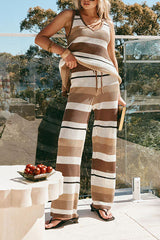 Brown & White Striped Sleeveless V‑Neck Top High Waist Wide Leg Pants Set