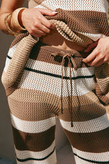 Brown & White Striped Sleeveless V‑Neck Top High Waist Wide Leg Pants Set