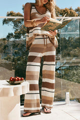 Brown & White Striped Sleeveless V‑Neck Top High Waist Wide Leg Pants Set