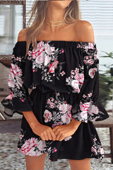 Off-Shoulder Floral Print Dress with Flared Sleeves - Elegant Midi Dress for Spring and Summer