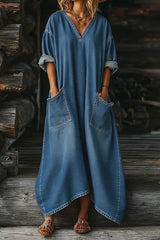 Relaxed V-Neck Denim Maxi Dress with Pockets - Classic Blue Loose-Fit Dress