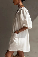 Off-the-Shoulder Midi Dress with Puff Sleeves & Pockets - Boho Summer Dress with Black Buttons