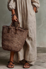 Off-Shoulder Midi Dress with Puffed Sleeves - Black & Cream Striped Bohemian Summer Dress