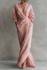 V-Neck Twist-Knot Maxi Dress with Puff Sleeves - Elegant Side-Slit Evening Gown