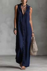 Sleeveless Button-Front Jumpsuit with High Leg Slit - Minimalist Wide-Leg Romper for Women