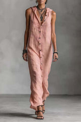 Sleeveless Button-Front Jumpsuit with High Leg Slit - Minimalist Wide-Leg Romper for Women