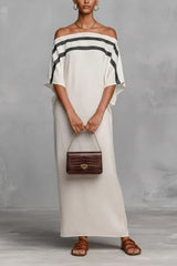 Off-Shoulder Striped Maxi Dress with Grey Accents - Relaxed Bohemian Summer Dress