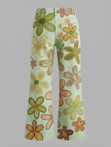 Women's Green Cute Floral Hippie Art Printed Casual Slim Denim Wide Leg Pants