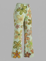 Women's Green Cute Floral Hippie Art Printed Casual Slim Denim Wide Leg Pants