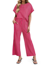 Striped Short Sleeve T-Shirts Wide Leg Pants Two Piece Set (Buy 2 Free Shipping)