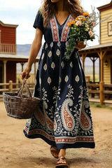 Boho Print Maxi Dress β Casual V Neck Ethnic Style Flowy Summer Dress