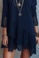 Vacation Navy Blue Oblique Collar Long Sleeve Contrast Vintage Cut Out Lace Mini Dresses