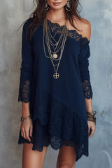 Vacation Navy Blue Oblique Collar Long Sleeve Contrast Vintage Cut Out Lace Mini Dresses