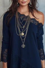 Vacation Navy Blue Oblique Collar Long Sleeve Contrast Vintage Cut Out Lace Mini Dresses