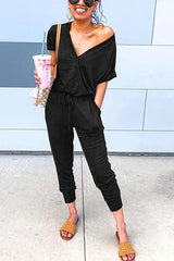 Heididress V Neck Tie Waist Solid Jumpsuit with Pockets
