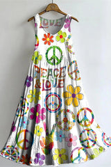 Women's Hippie Peace Love Floral Art Pattern Print Sleeveless Cotton Pocket Dress