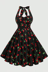 Vintage Cherry Print Halter Neck Dress, Sweet Slim-Fit Flared Skirt Elegant Evening Gown