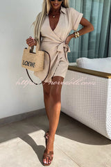 Relaxing Beach Linen Blend Solid Color Wrap Loose Shirt Romper