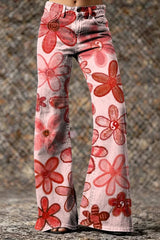 Women's Green Cute Floral Hippie Art Printed Casual Slim Denim Wide Leg Pants