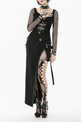 Punk Knitted Top with Mesh Overlay and Shoulder Buckle Details