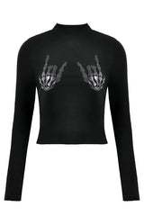 Punk Skeleton Hand Leather Appliqué Embroidered Mock Neck Tee