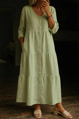 Women's Solid Color Casual V-neck Cotton Linen Long Dress