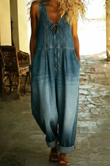 Casual Pleated Drawstring Loose Denim Jumpsuit