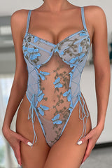 Butterfly Embroidered Sheer Mesh Patchwork Tie-Waist Bodysuit