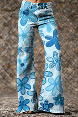 Women's Green Cute Floral Hippie Art Printed Casual Slim Denim Wide Leg Pants