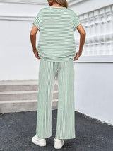Striped Short Sleeve T-Shirts Wide Leg Pants Two Piece Set (Buy 2 Free Shipping)