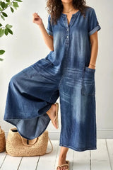 Women's Casual Loose Short-Sleeved Denim Jumpsuit