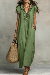 Women's Solid Color Ruffled Art Casual Fashion Cozy Cotton Linen Dress