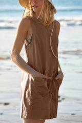 Solid Color Casual Round Neck Sleeveless Pocket Loose Rompers