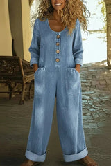 Casual V-Neck Button-Down Denim Jumpsuit