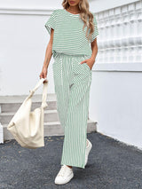 Striped Short Sleeve T-Shirts Wide Leg Pants Two Piece Set (Buy 2 Free Shipping)